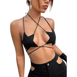 Women Sexy Halter Party Dance Bra Strappy  Crisscross Wrap Tie Music Outfit